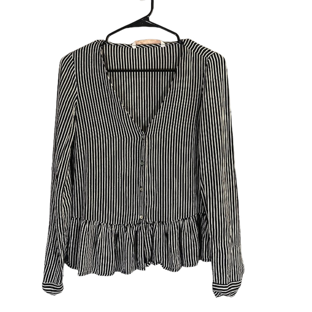 Zara Black Striped Peplum V-Neck Button Front Collared Blouse Women Sz XS
